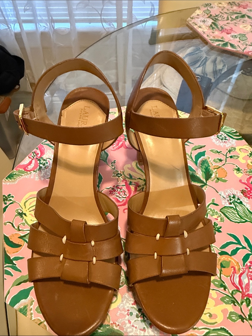 Lauren Ralph Lauren Tan Leather Platform Sandals with Gold Buckle